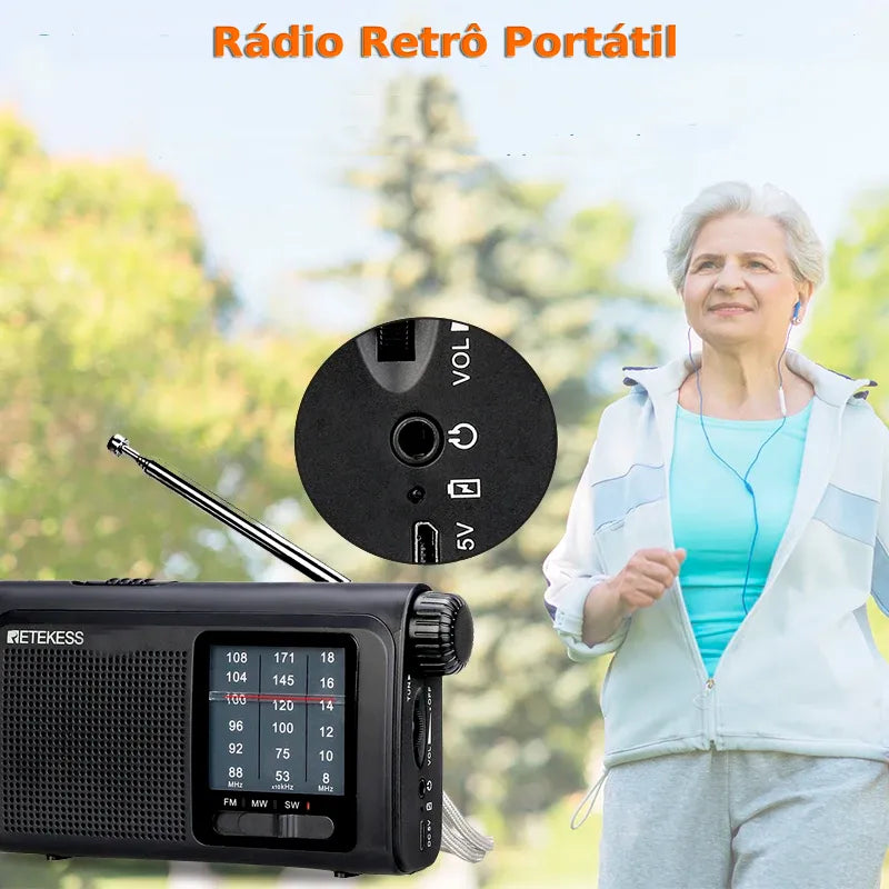 Rádio AM/FM/SW Retrô Portátil