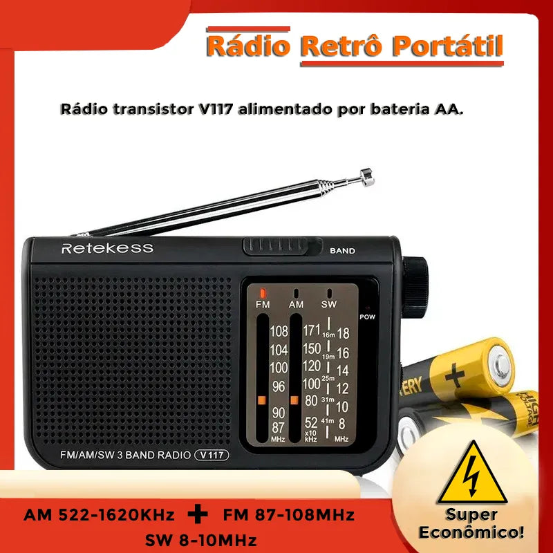 Rádio AM/FM/SW Retrô Portátil