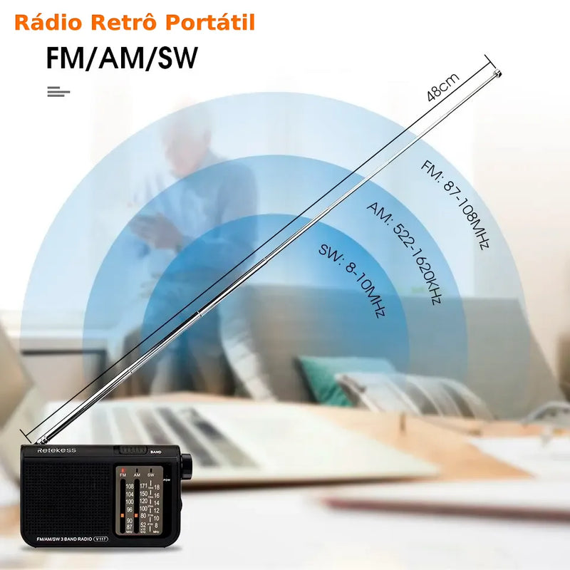 Rádio AM/FM/SW Retrô Portátil