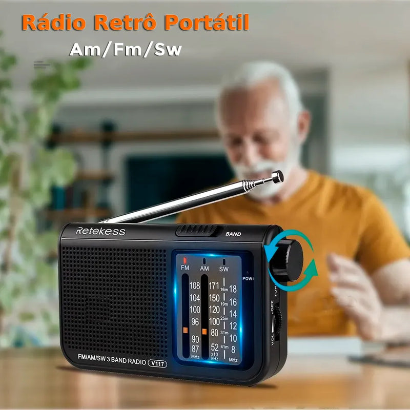 Rádio AM/FM/SW Retrô Portátil