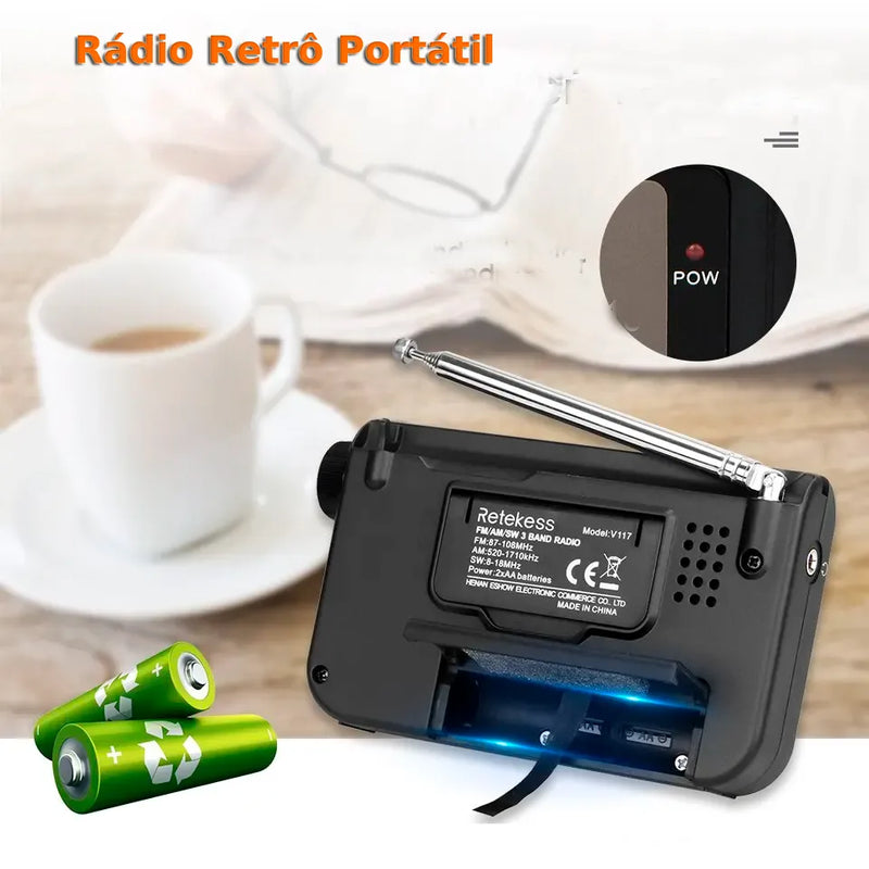 Rádio AM/FM/SW Retrô Portátil