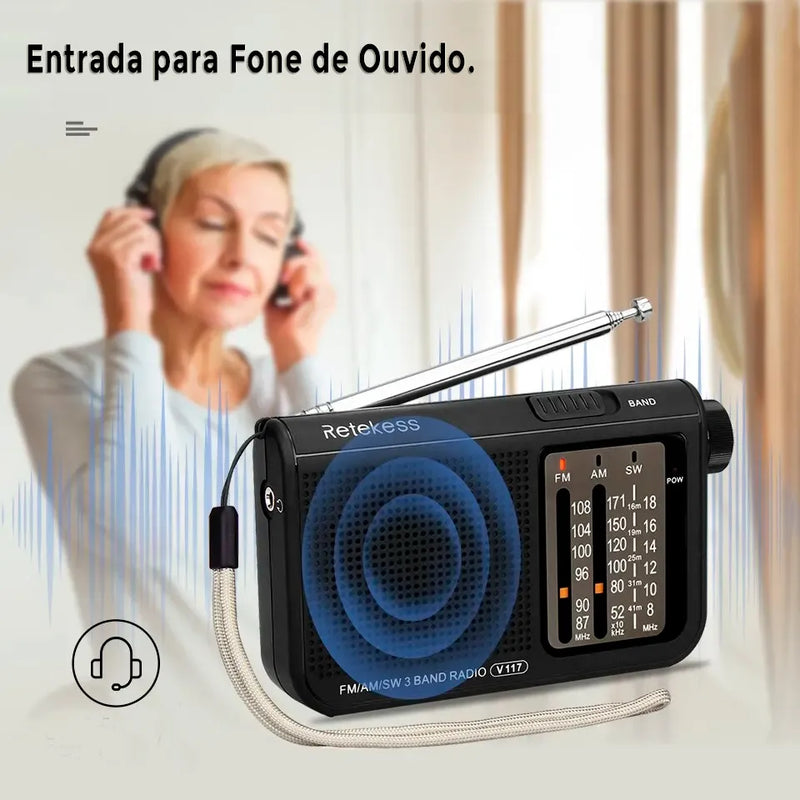 Rádio AM/FM/SW Retrô Portátil